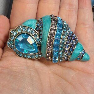 Seashell Brooch Blue Rhinestone Teal Shell Pin Statement 2.5 Inch